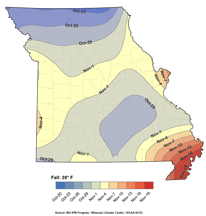 Contour map of Missouri for Fall median dates less than or equal to 28°F, by region using different colors.