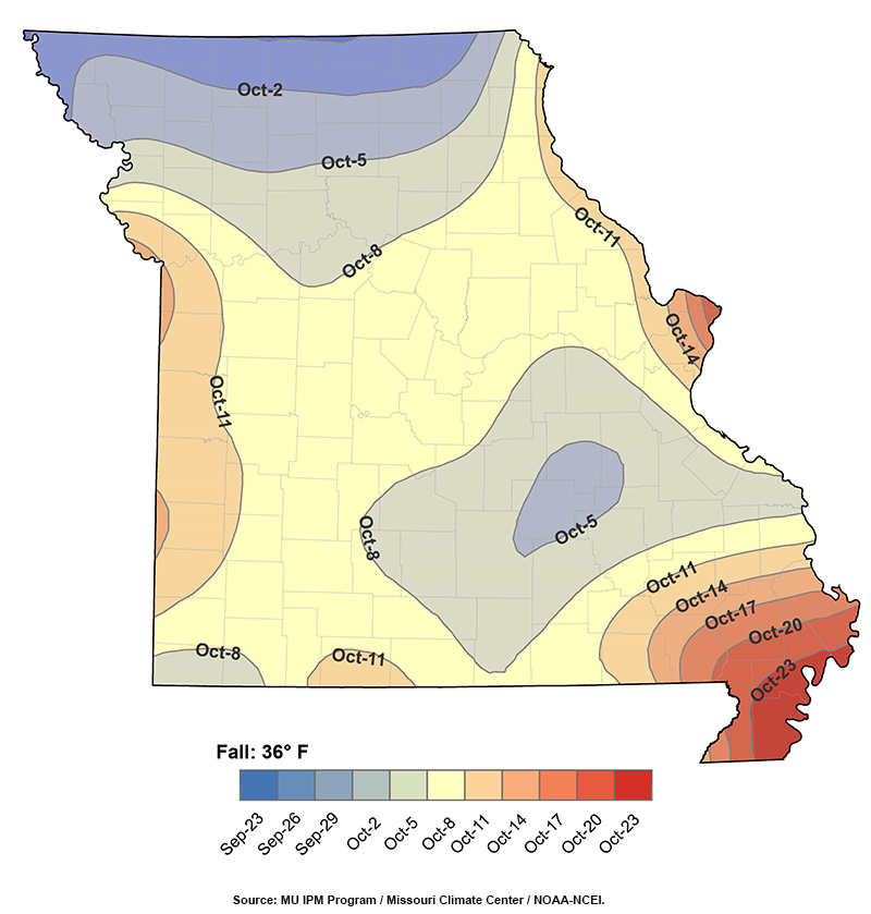 Contour map of Missouri for Fall median dates less than or equal to 36°F, by region using different colors.