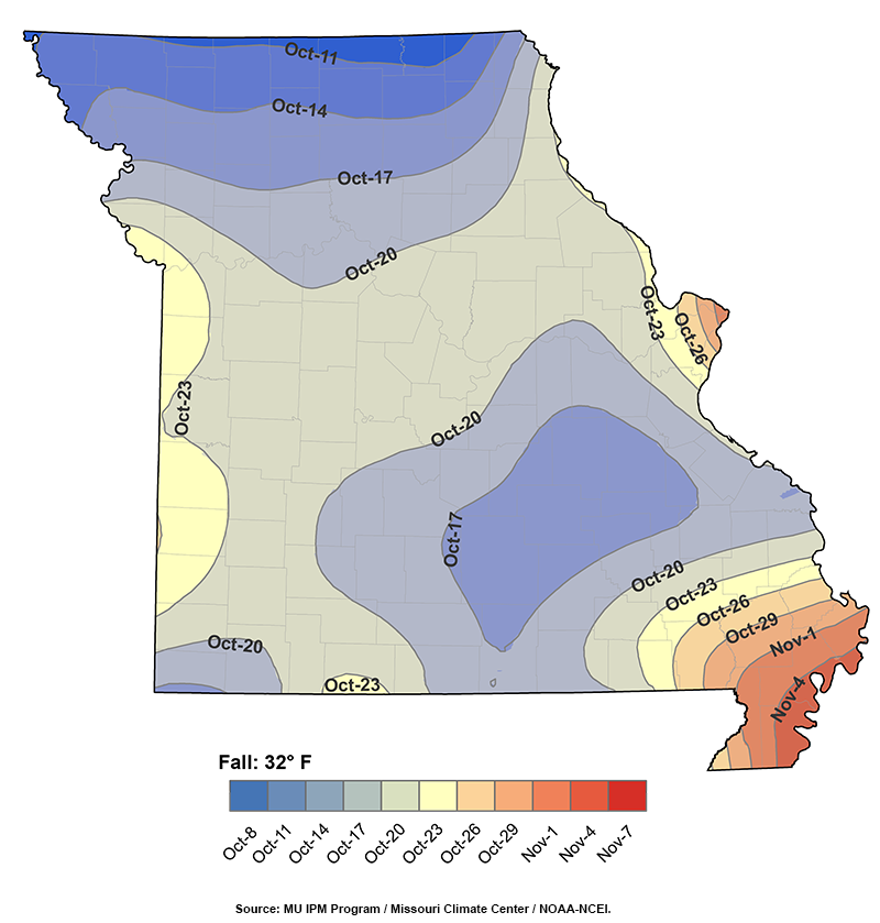Contour map of Missouri for Fall median dates less than or equal to 32°F, by region using different colors.