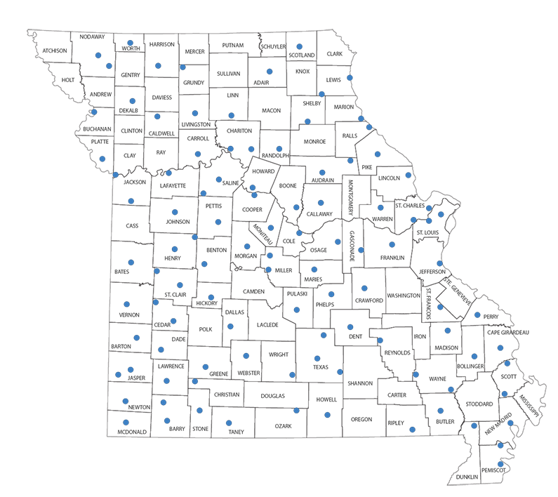 Missouri map of counties with weather station locations marked by blue dots.
