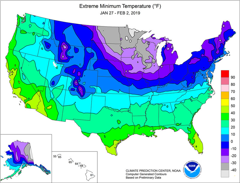 map showing the Extreme cold temperatures in early 2019