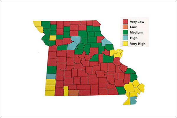 county map of Missouri showing various levels of phosphorus using a color scale