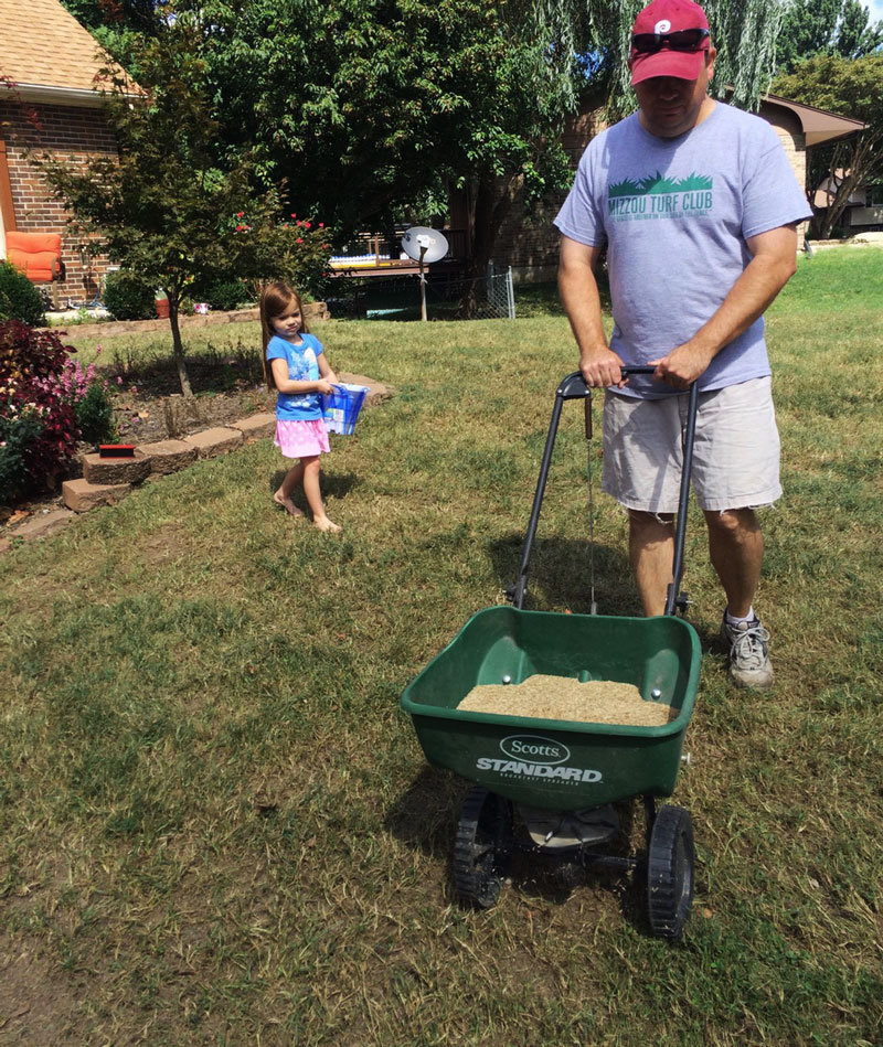 man spreading grass seed with seed spreader onto lawn. child in background holding bag of seed