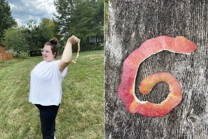 On left, woman throwing apple peel. On right, apple peel on wood surface