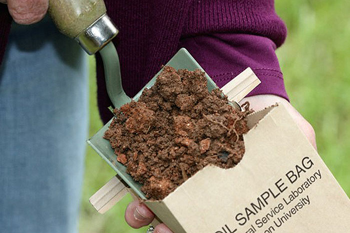 hand placing dirt into a box with a trowel