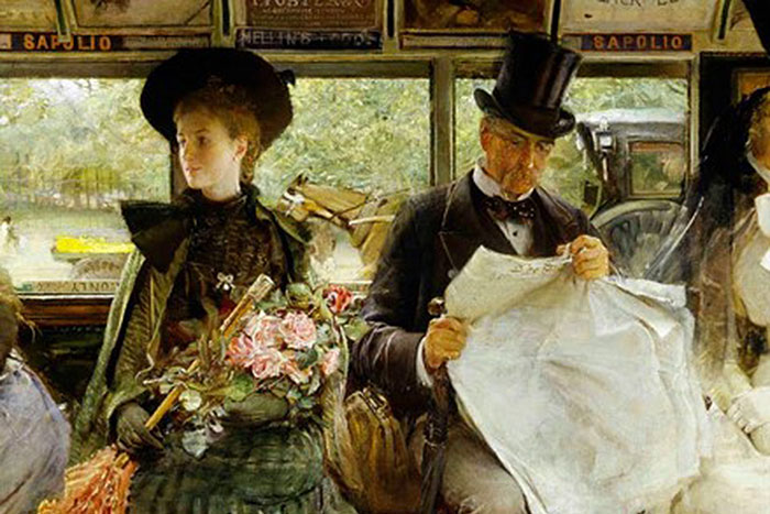 woman with flowers sitting next to man with newspaper