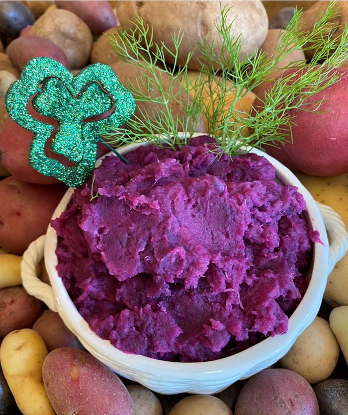 purple mashed potatoes on bed of multi-colored potatoes