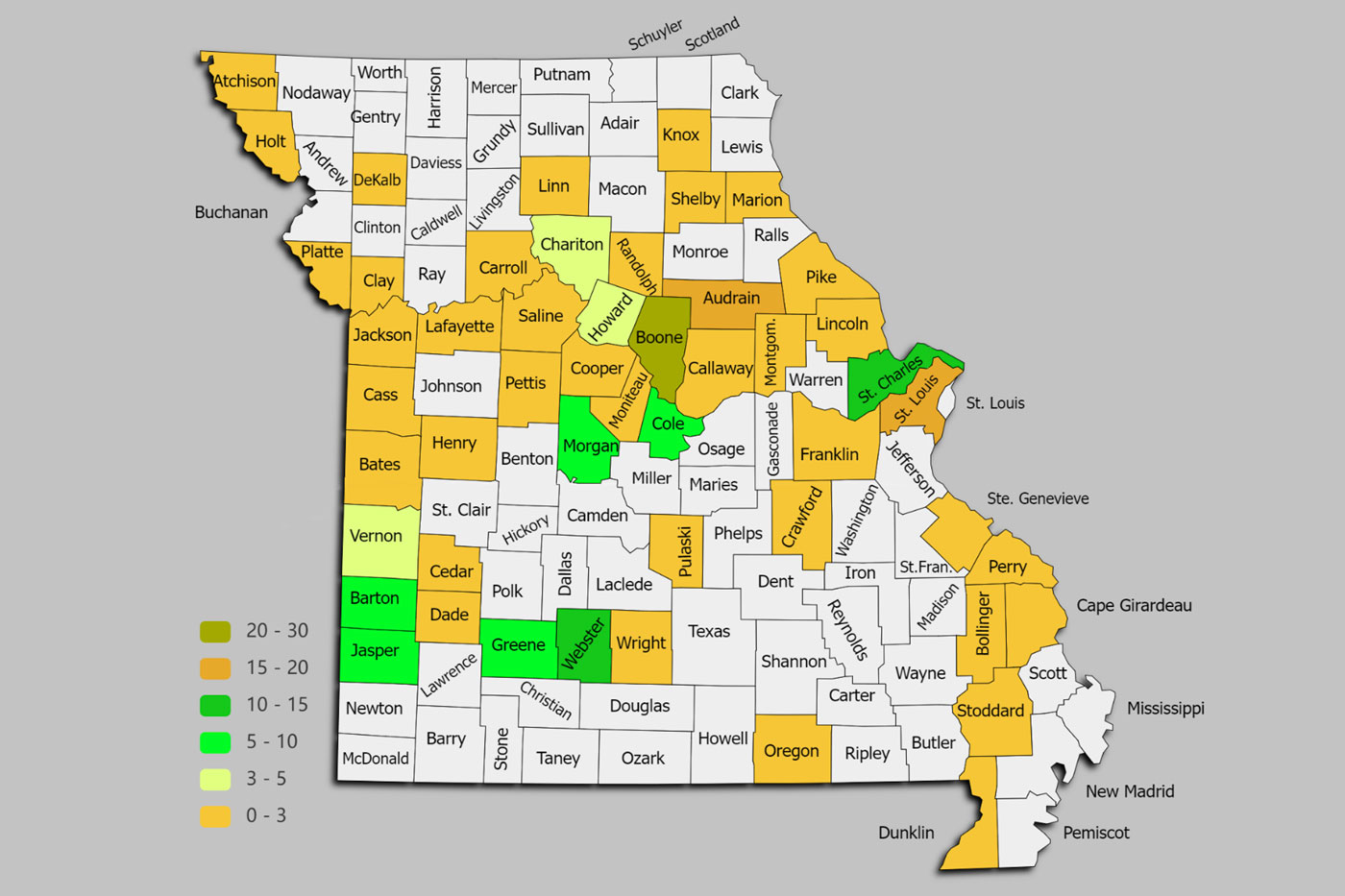 multi-colored county map of Missouri