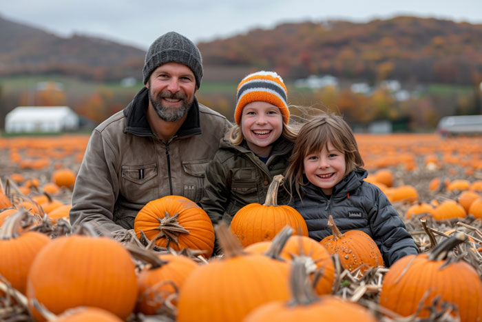 father, mother and daugter in pumpkin field