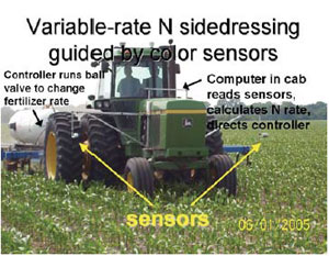 Variable rate N sidedressing guided by color sensors.