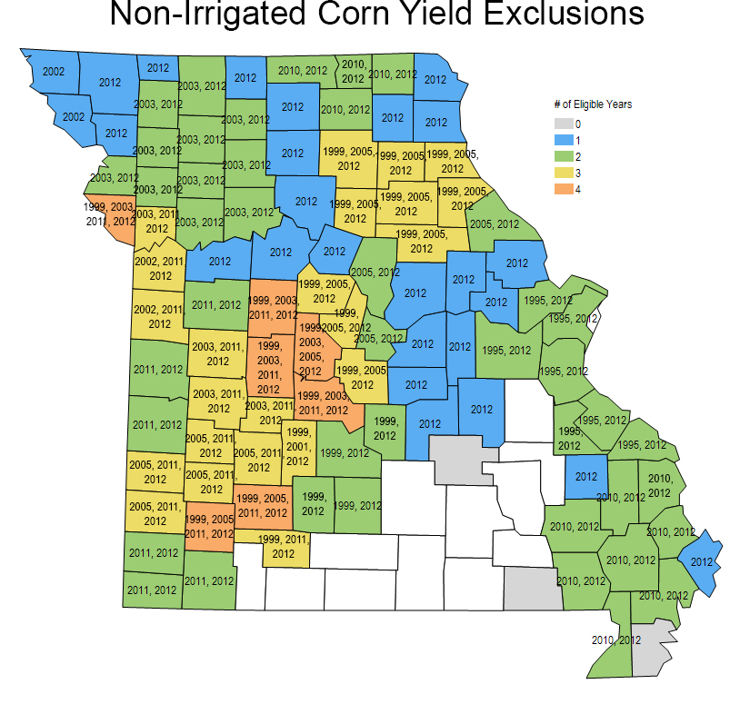 Missouri county map indicating non-irrigated corn yield exclusions