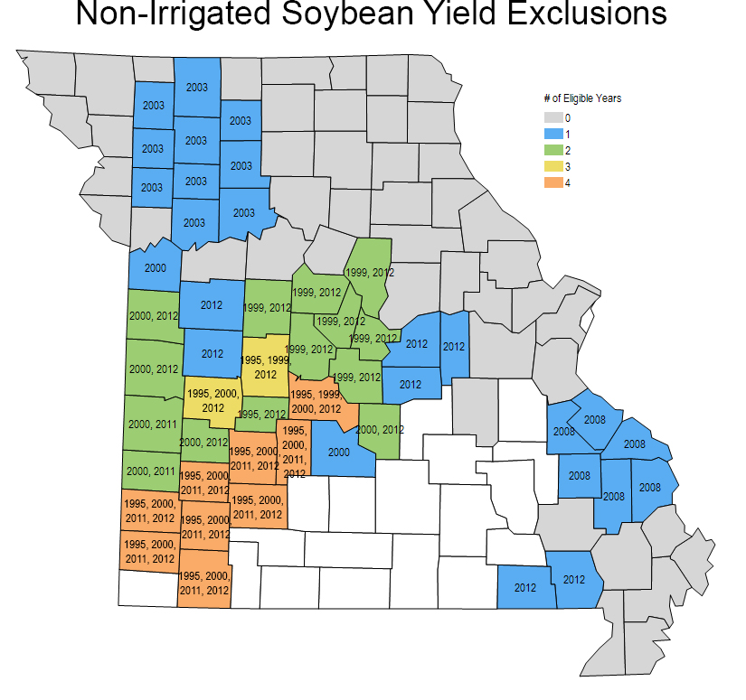 Missouri county map indicating non-irrigated soybean yield exclusions