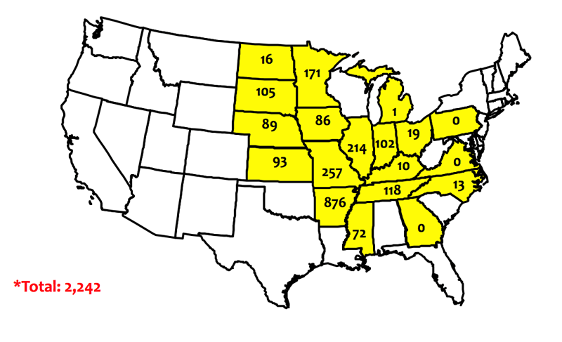U.S. state map of official dicama-related injury investigations as of August 10, 2017. With a total of 2,242 dicamba-related injury investigations nationally, 257 in Missouri.