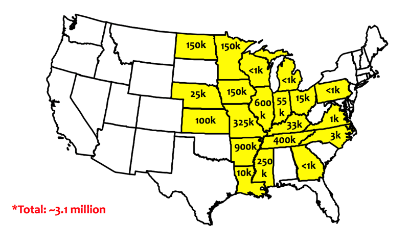 U.S. state map reporting estimated of dicama-injured soybean acerage as of August 10, 2017. With a total of about 3.1 million acres estimated damaged nationally, 325,000 in Missouri.