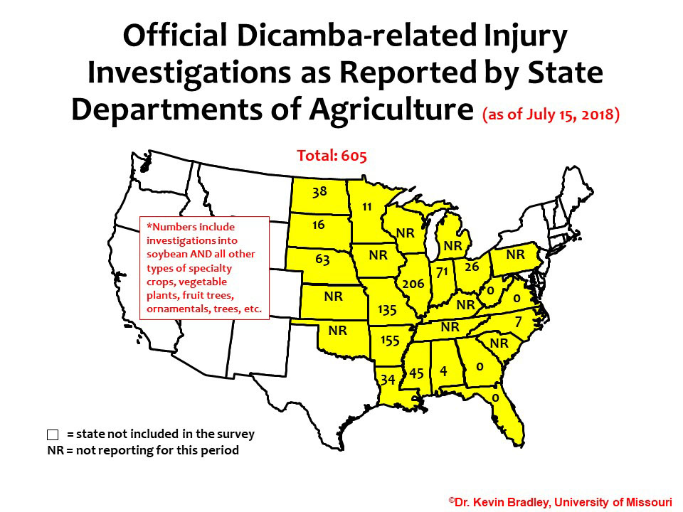 Official Dicamba-related Injury Investigations as Reported by State Departments of Agriculture  (as of July 15, 2018). Total: 605. Numbers include investigations into soybean and all other types of specilaty crops, vegetable plants,fruit trees, ornamentals, trees, etc.