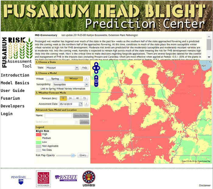 map showing distribution of Fusarium Head Blight around Missouri