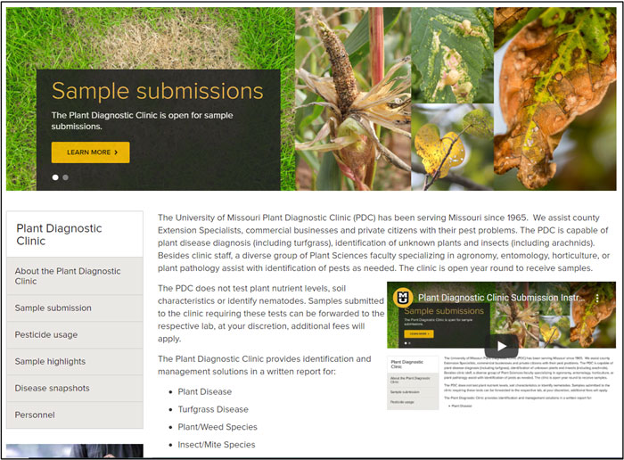 A screenshot of the MU Plant Diagnostic Clinic homepage