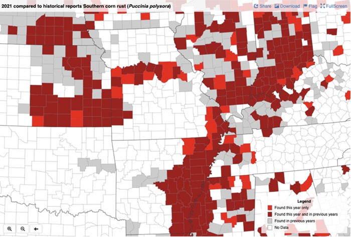 map of Missouri counties and surroungding state counties some colored light red to dark red and grey