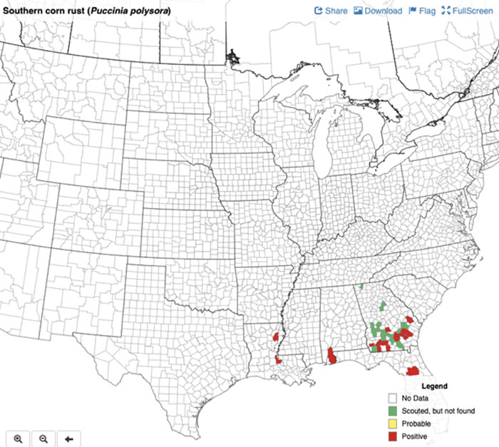 map of US counties with some colored counties in the south east corner