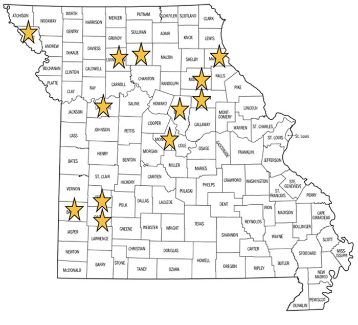 map of Missouri counties with scattered gold stars