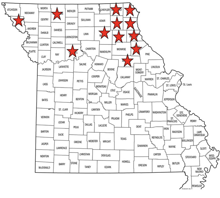 map of Missouri counties with red stars in northern counties
