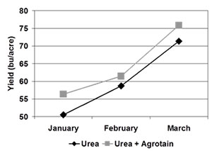 chart showing increase in yield when urea or urea plus agrotain were applied in January, February or March