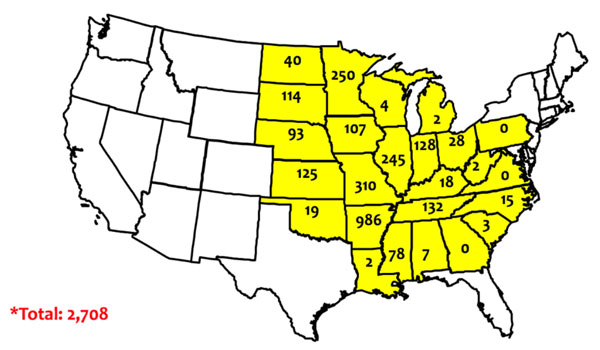 map of dicamba-related injury investigations as reported by state departments of agriculture as of October 15, 2017.