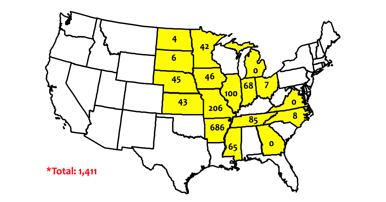 U.S. state map of official dicama-related injury investigations as of July 19. 2017. With a total of 1,411 dicamba-related injury investigations nationally, 206 in Missouri.