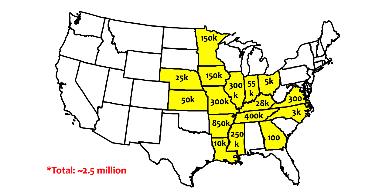 U.S. state map reporting estimated of dicama-injured soybean acerage as of July 19, 2017. With a total of about 2.5 million acres estimated damaged nationally, 300,000 in Missouri.