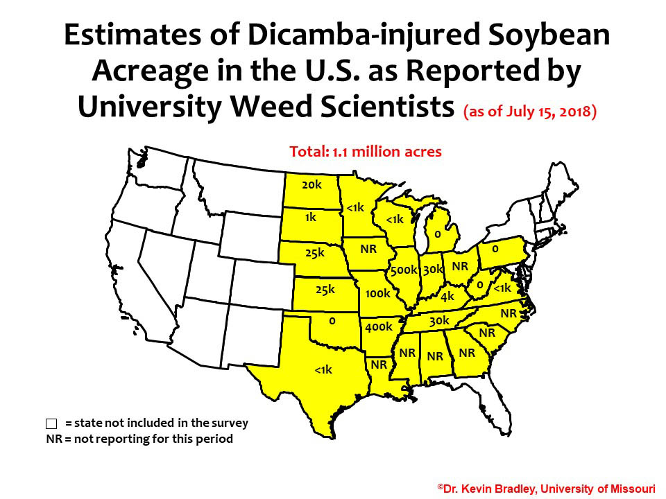 Estimates of Dicamba-injured Soybean Acreage in the U.S. as Reported by University Weed Scientists (as of July 15, 2018). Total: 1.1 million acres