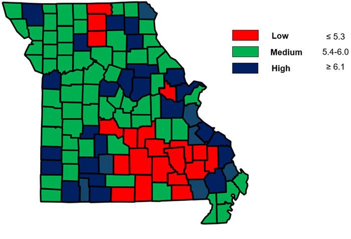 multi-colored map of Missouri counties