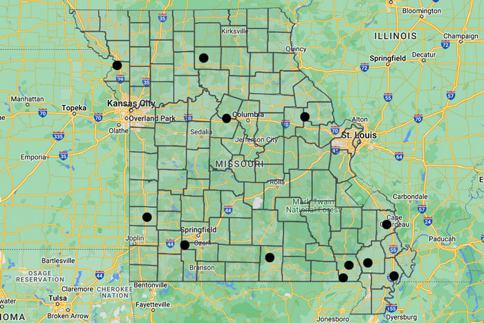 map of Missouri with a dozen black dots spread throughout