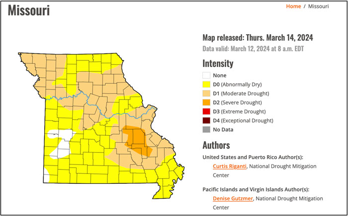 A map of the state of missouri by county colored in yellow orange and tan