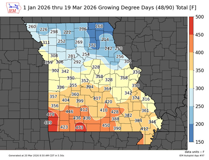 color gradient map of Missorui Counties ranging from red to yellow to blue