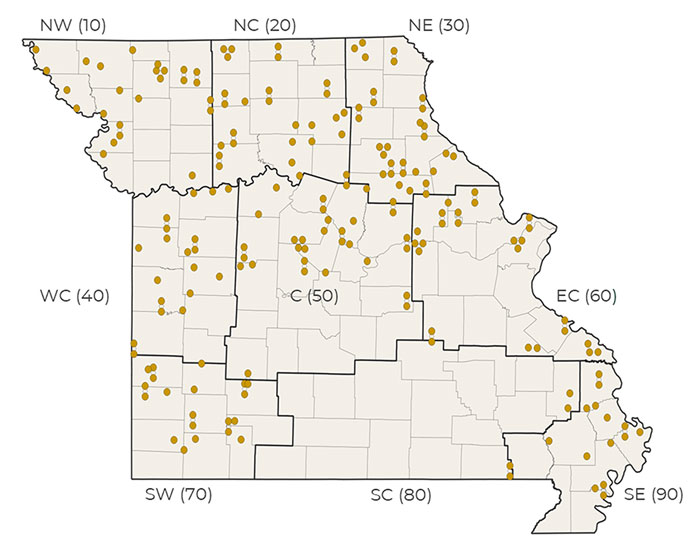 Map of Missouri divided into nine regions, with county boundaries and numerous gold location markers