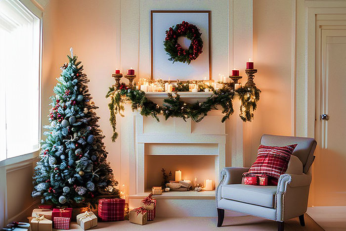 decorated tree next to fireplace in modern house