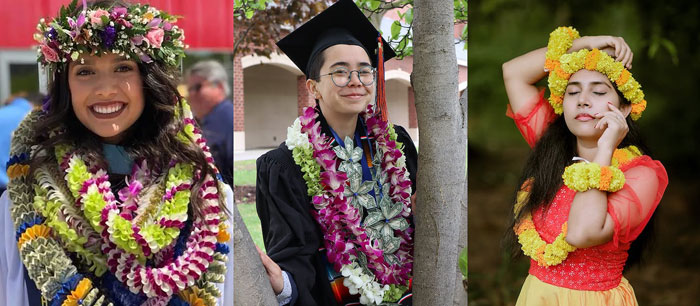 three separate images of individuals with leis