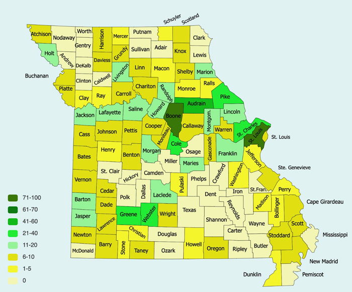 multi-colored county map of Missouri