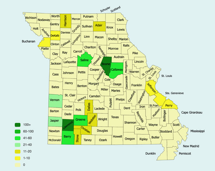 multi-colored county map of Missouri 2