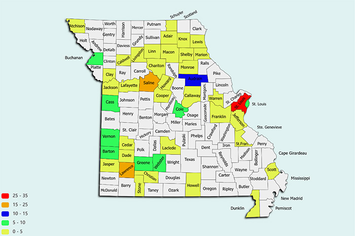 colorful map of Missouri counties