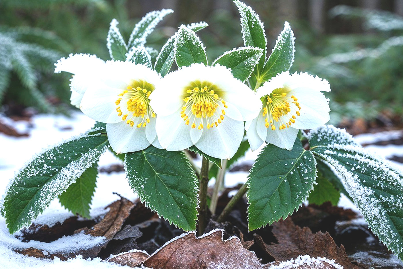 white flowers with yellow centers and long green leaves covered in snow