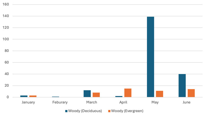 bar graph showing the majority of samples coming in the months of May and June from deciduous woody plants
